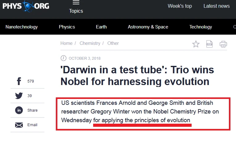Did chemical evolution not win the 2018 Nobel Prize in Chemistry?